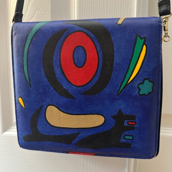 Abstract Cross Body Purse - Miro Inspiratioin -Red,Yellow, Green, Black on Blue - Picture 1 of 5